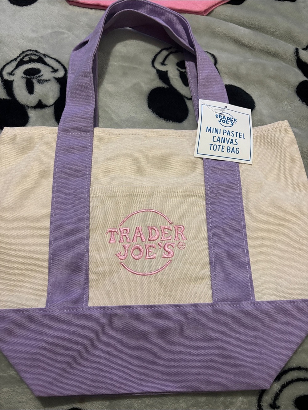 Trader Joe's Mini Pastel Canvas Tote Bag in Lavender and Cream